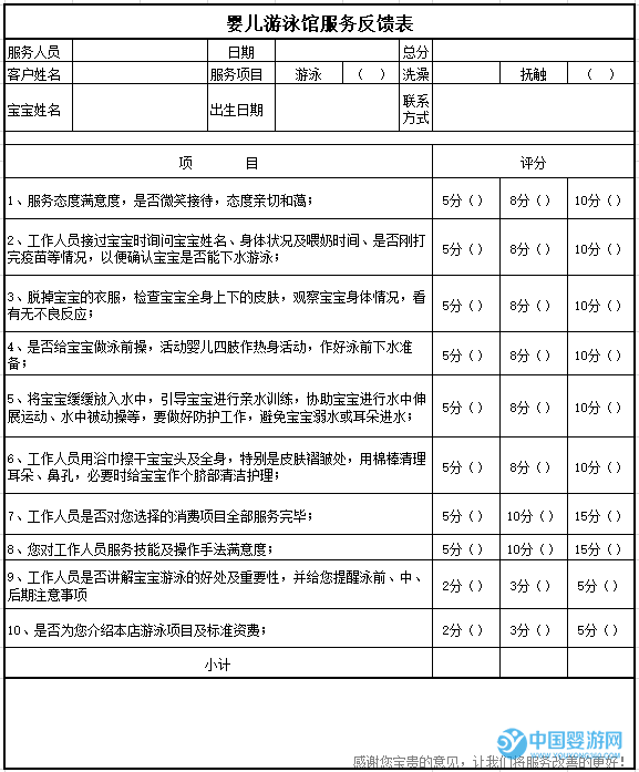 嬰兒游泳館服務(wù)反饋表